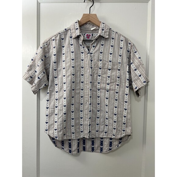 VTG Keren Hart Blue White Tan Heart Stripe Short Sleeve Button Up Top Women's M - Picture 1 of 8